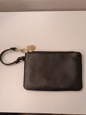 Black Leather Wristlet Clutch with Gold Accent
